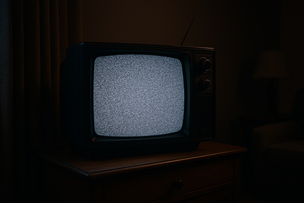 暗い部屋の古いブラウン管テレビ。画面いっぱいに白と黒の細かい点がざらざらと映っている