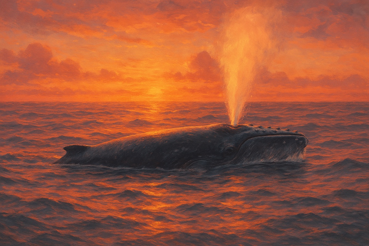 夕焼けのオレンジ色の海で、クジラが潮を吹いている絵